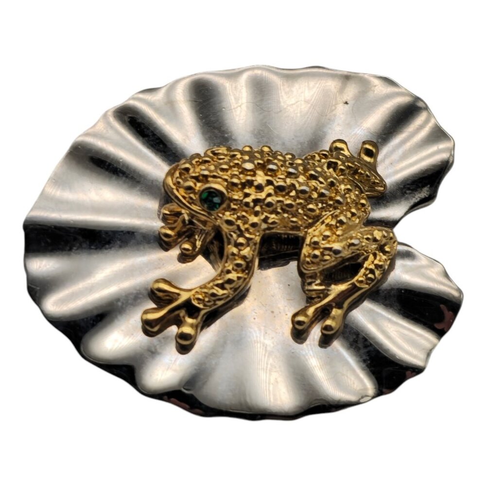 Vintage Frog on Lily Pad Brooch Gold Tone Frog Green Eyes 1970s Pin